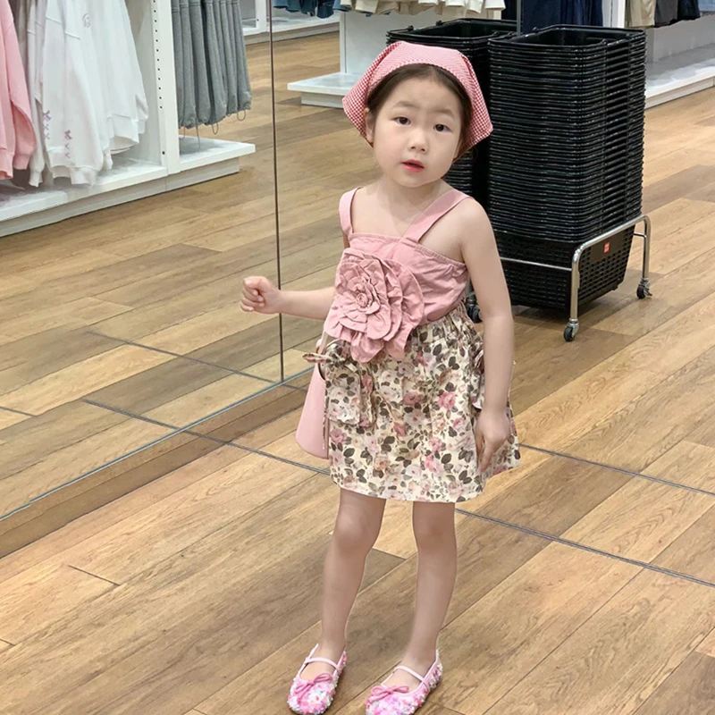 《小婕家》2024夏季新款洋气立体花朵吊带衫时尚碎花短裙甜美套装潮