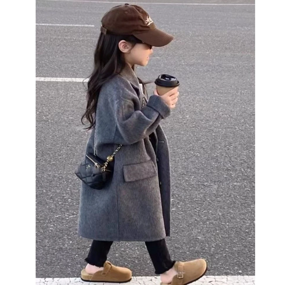 《现货》韩版童装2024新款翻领中长款风衣外套儿童加厚毛呢子大衣