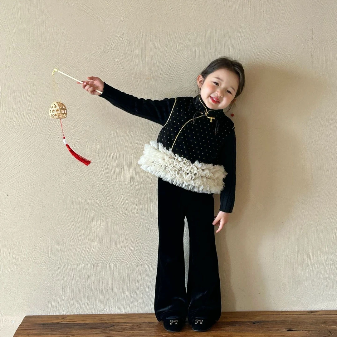 现货韩版童装女童套装丝绒盘扣立领旗袍上衣灯芯绒裤子拜年服