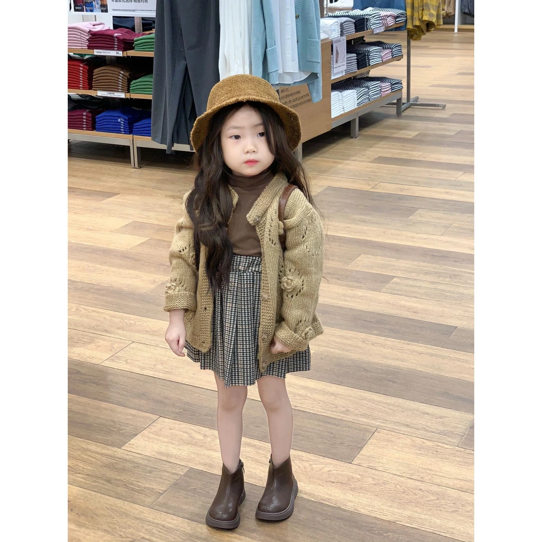 《现货》2024春季女童新品毛线千鸟格子洋气百褶裙时尚女宝半身裙