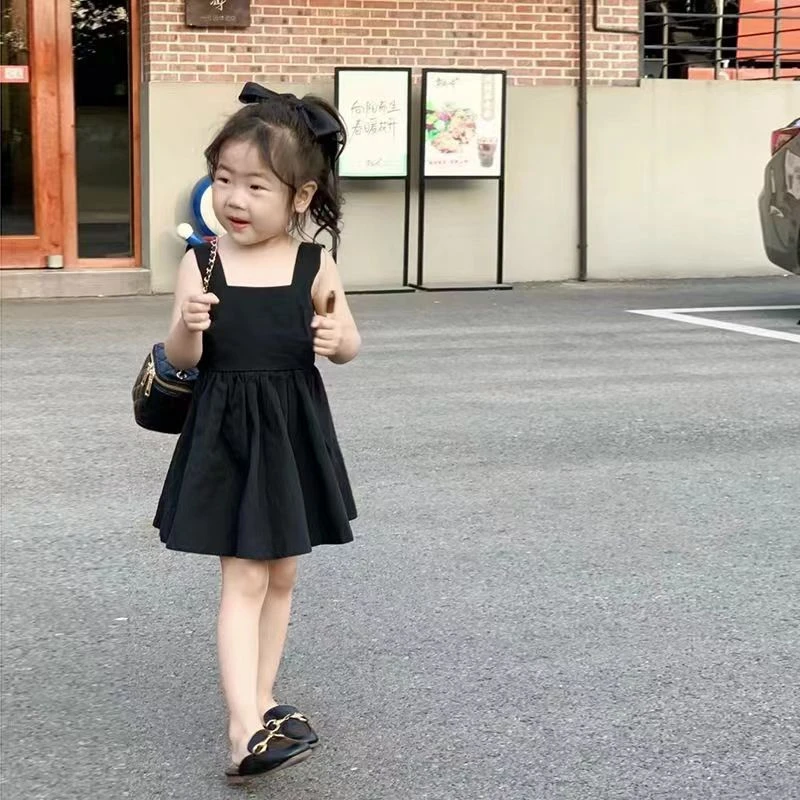 《现货》韩版童装女童黑色吊带连衣裙夏季洋气露背蝴蝶结公主裙子