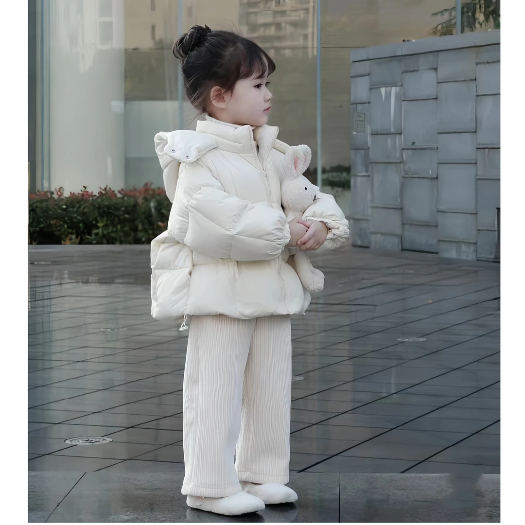 《现货》2024冬季新款韩版女童白色时尚连帽棉服搭灯芯绒裤套装
