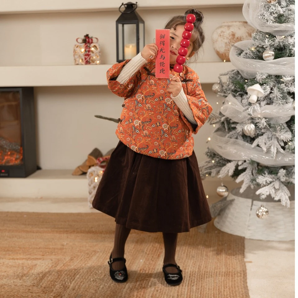 《现货》女童年服中国风复古印花新中式盘扣棉服+纯色棉裙套装