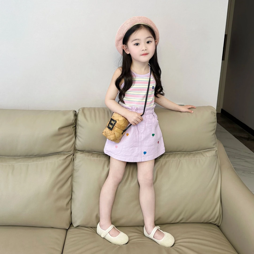 《现货》2024春夏季女童韩版紫色吊带紫色爱心短裙洋气时尚套装潮