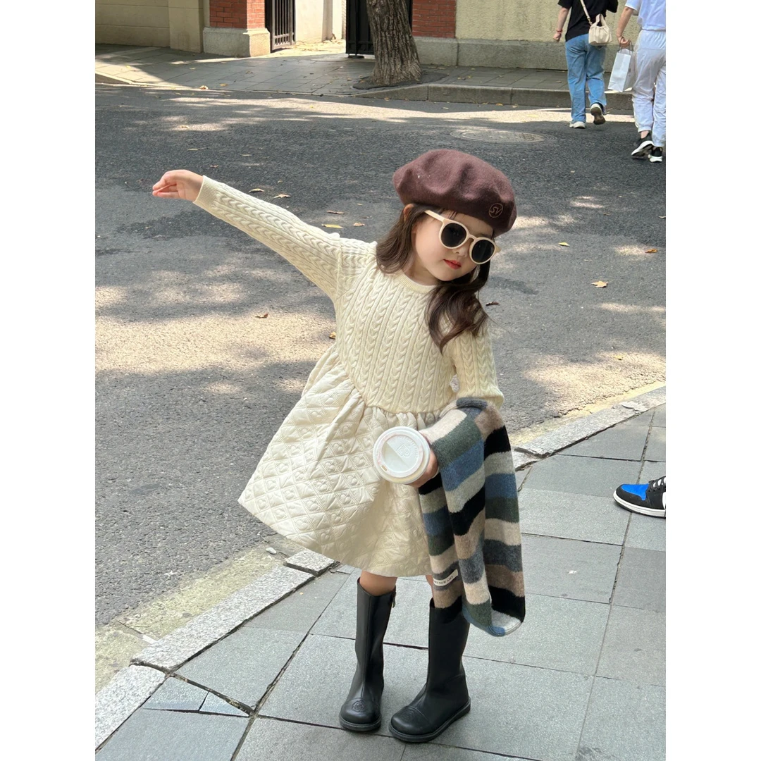 《现货》韩国童装秋冬新款连衣裙2024女童毛衣拼接夹棉半裙公主裙潮