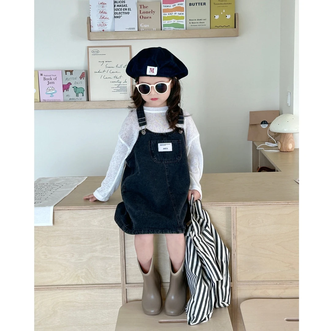 《小婕家》童装春款2024新款中小童休闲款大口袋牛仔背带裙内搭套装