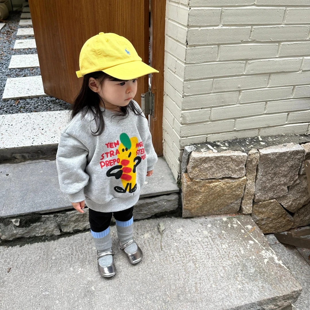 《小婕家》2024冬季新款韩版女童休闲灰色加绒卫衣搭黑色加绒打底裤