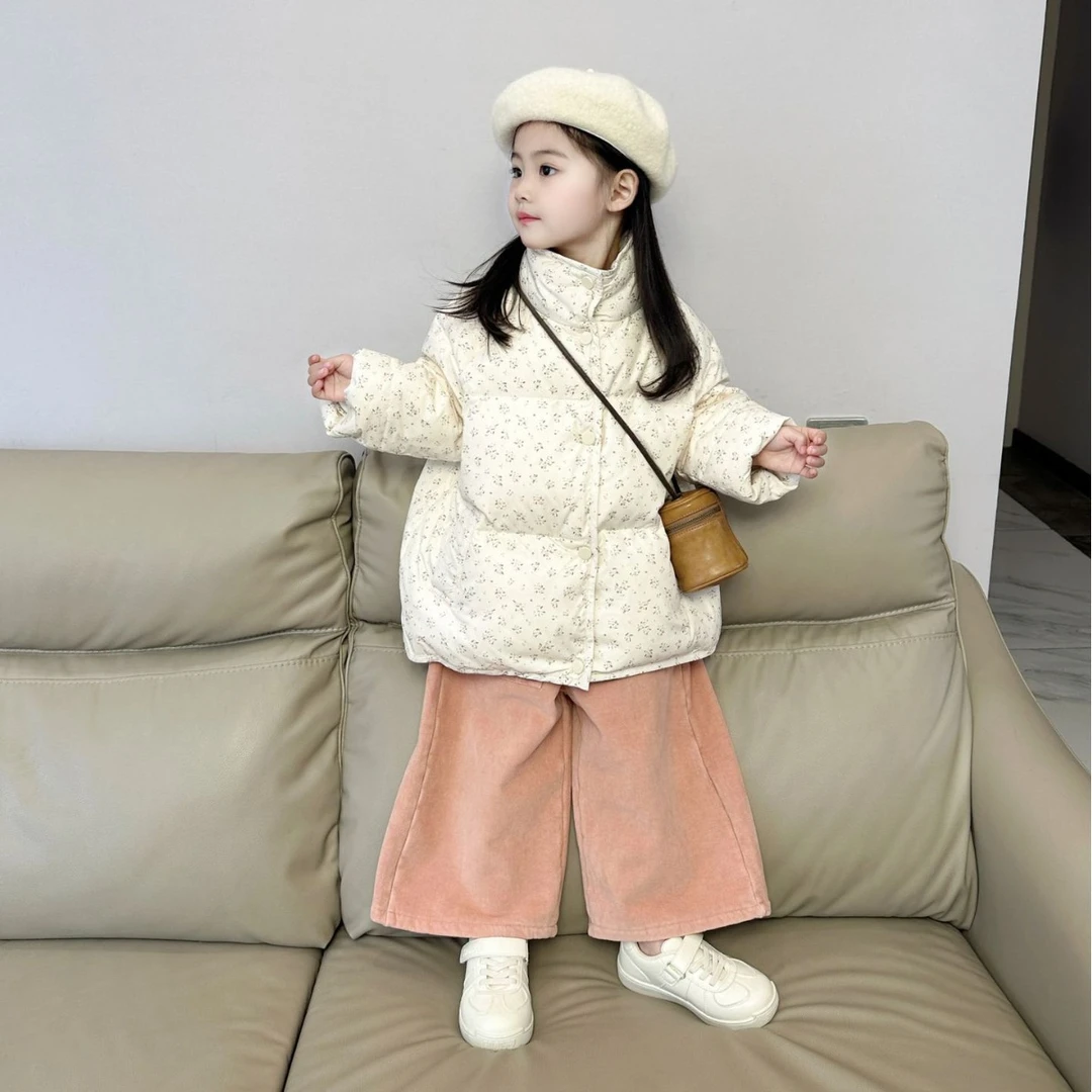 《小婕家》2023冬季韩版洋气时尚儿童羽绒服粉色碎花90白鸭绒外套潮