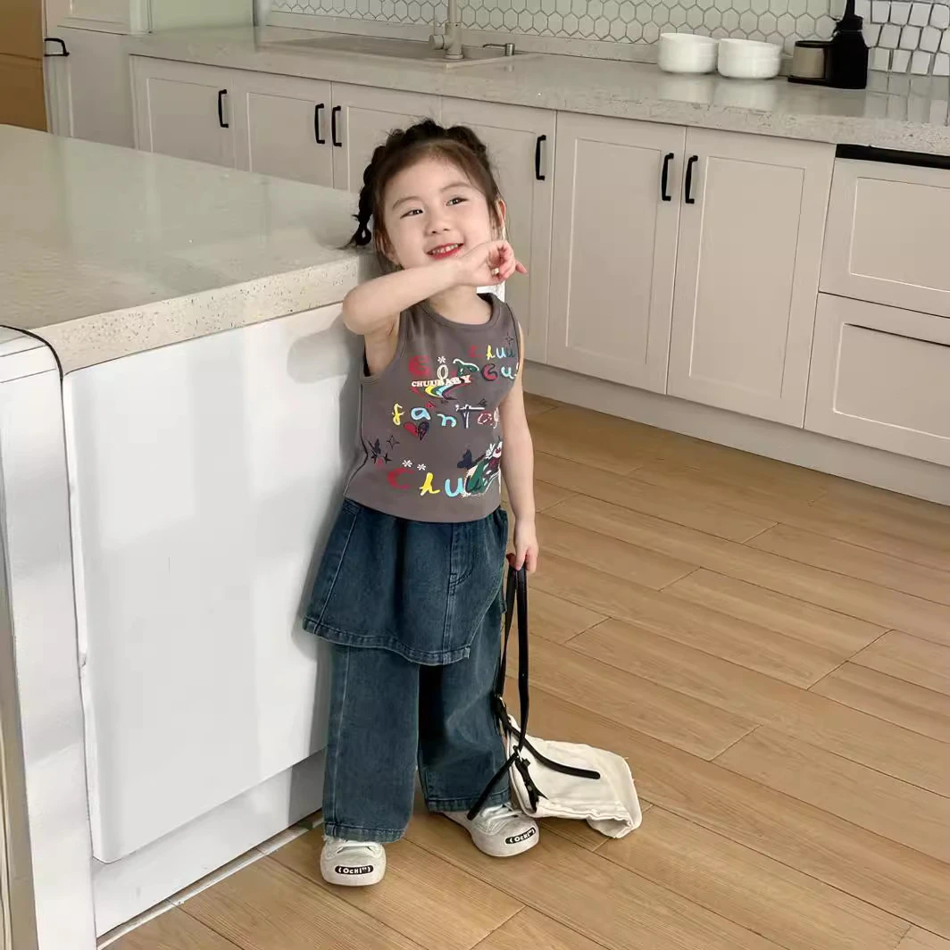 《现货》2024新款春夏洋气女童韩版印花背心潮裤帅气阔腿裤套装潮