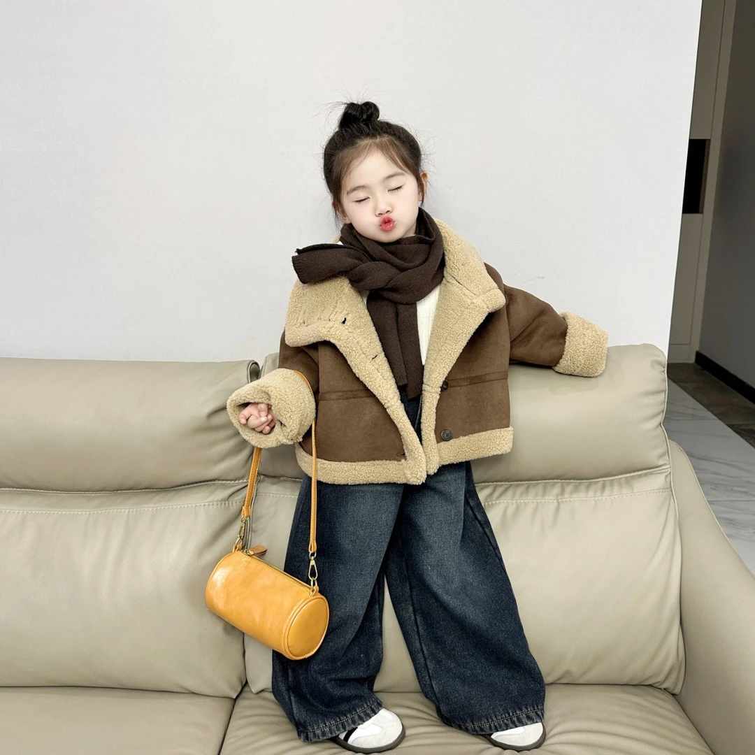 《现货》机皮绒大外套2024冬新款韩版女童皮毛一体中小童洋气防风套