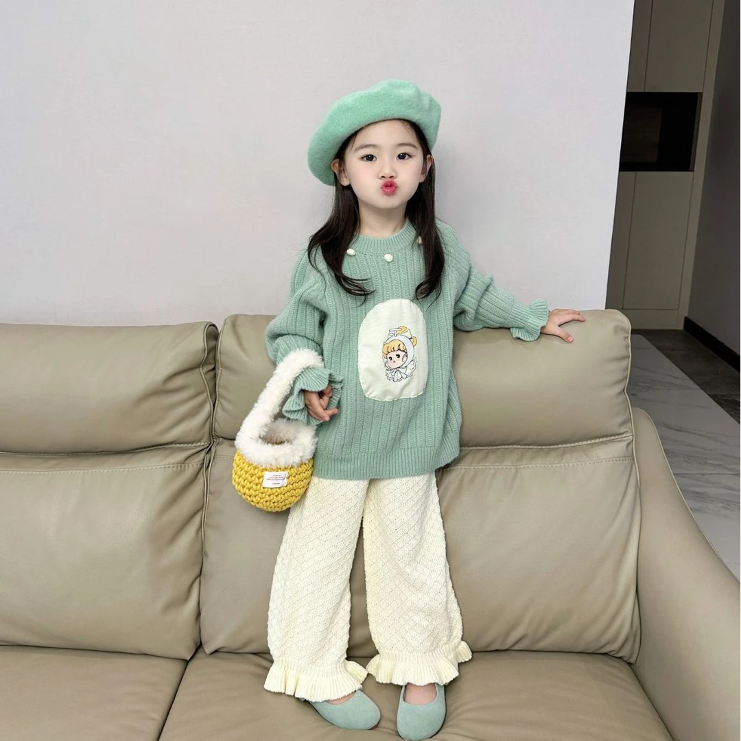 《现货》2024春季新款韩版童装女童可爱印花贴布套头毛衣毛线裤套装
