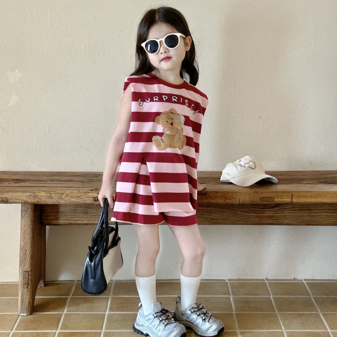 《现货》女童2024夏季新款中小童韩版上衣裙短裤两件套休闲套装