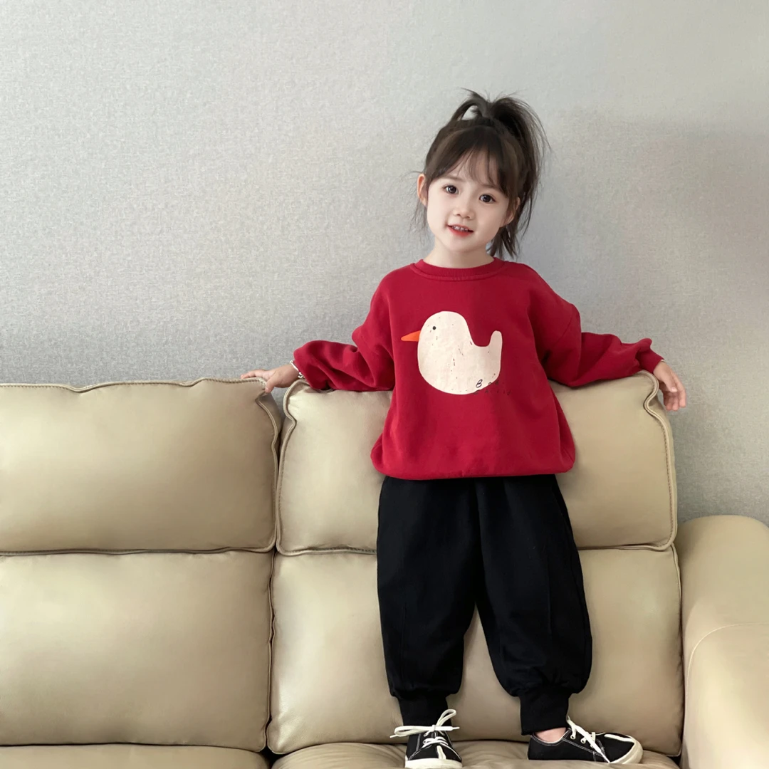 《小惜亦》女童幼儿园秋冬装卡通小鸟印花圆领卫衣卫裤加绒韩版套装