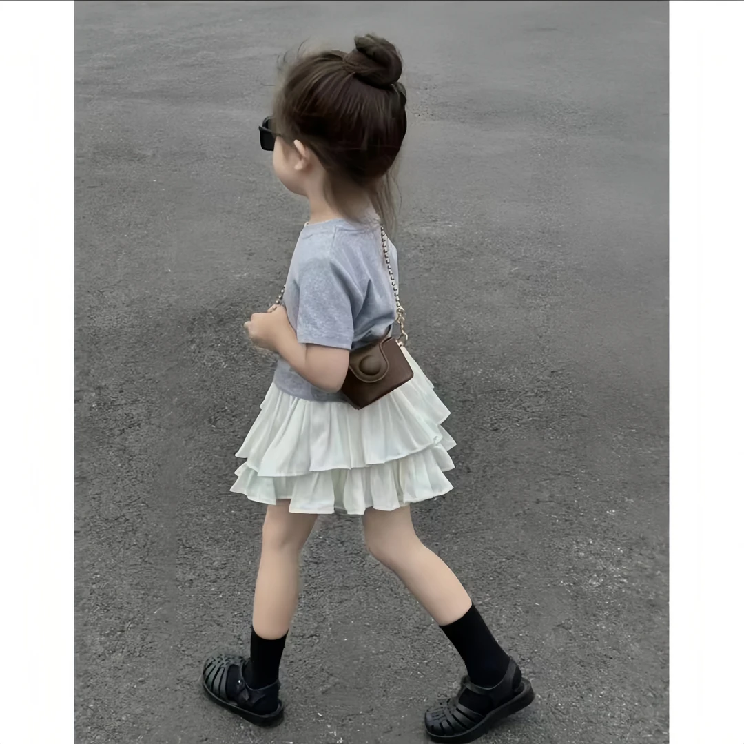 《现货》辣妹装2024夏季新韩版女童短袖上衣白色卷边百褶裙裤套装