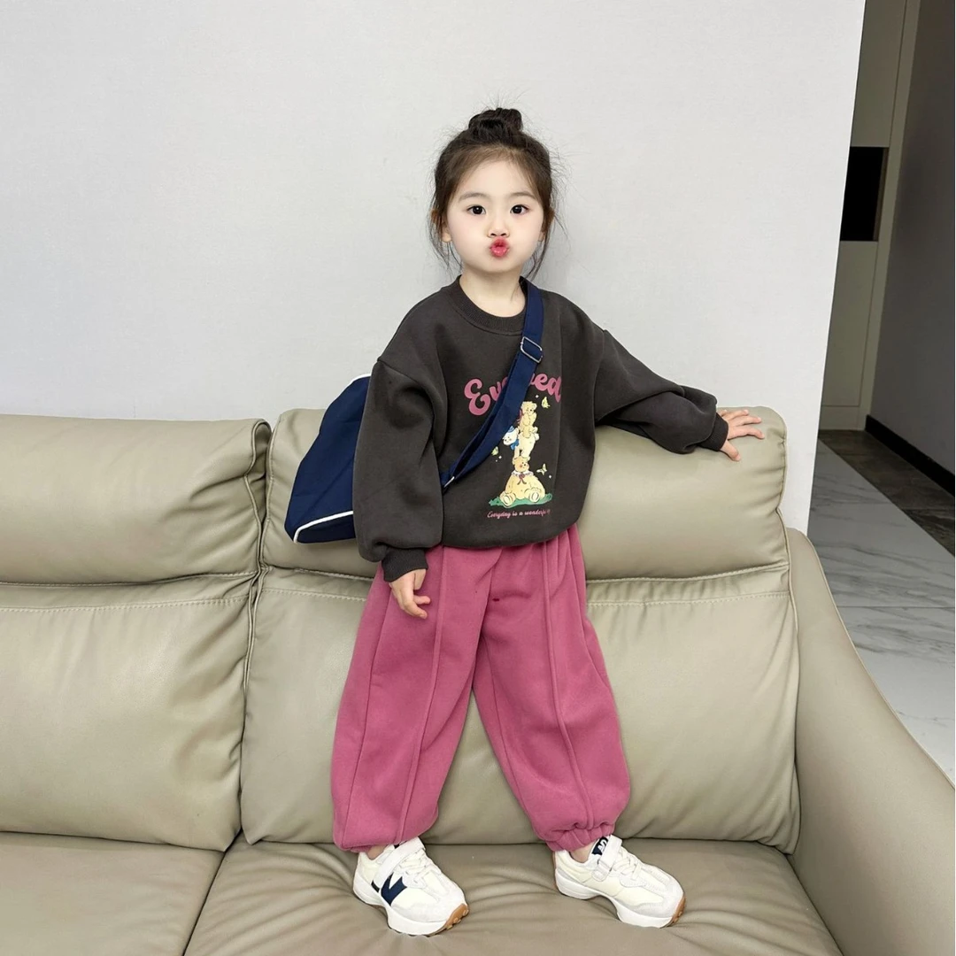 《小婕家》2024冬季新款韩版童装女童卡通幼儿园加绒卫衣卫裤套