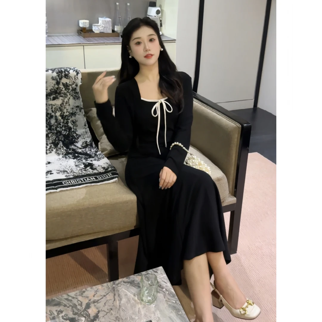 【比例秘诀】法式赫本风蝴蝶结长袖外搭+高腰宽松吊带裙两件套A02