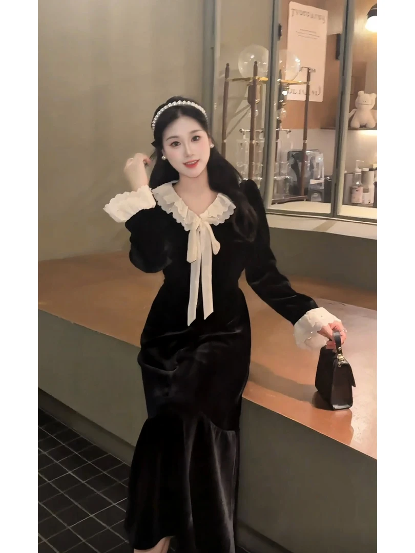 【流光梦境】秋冬上新法式赫本风V领撞色拼接设计收腰气质连衣裙