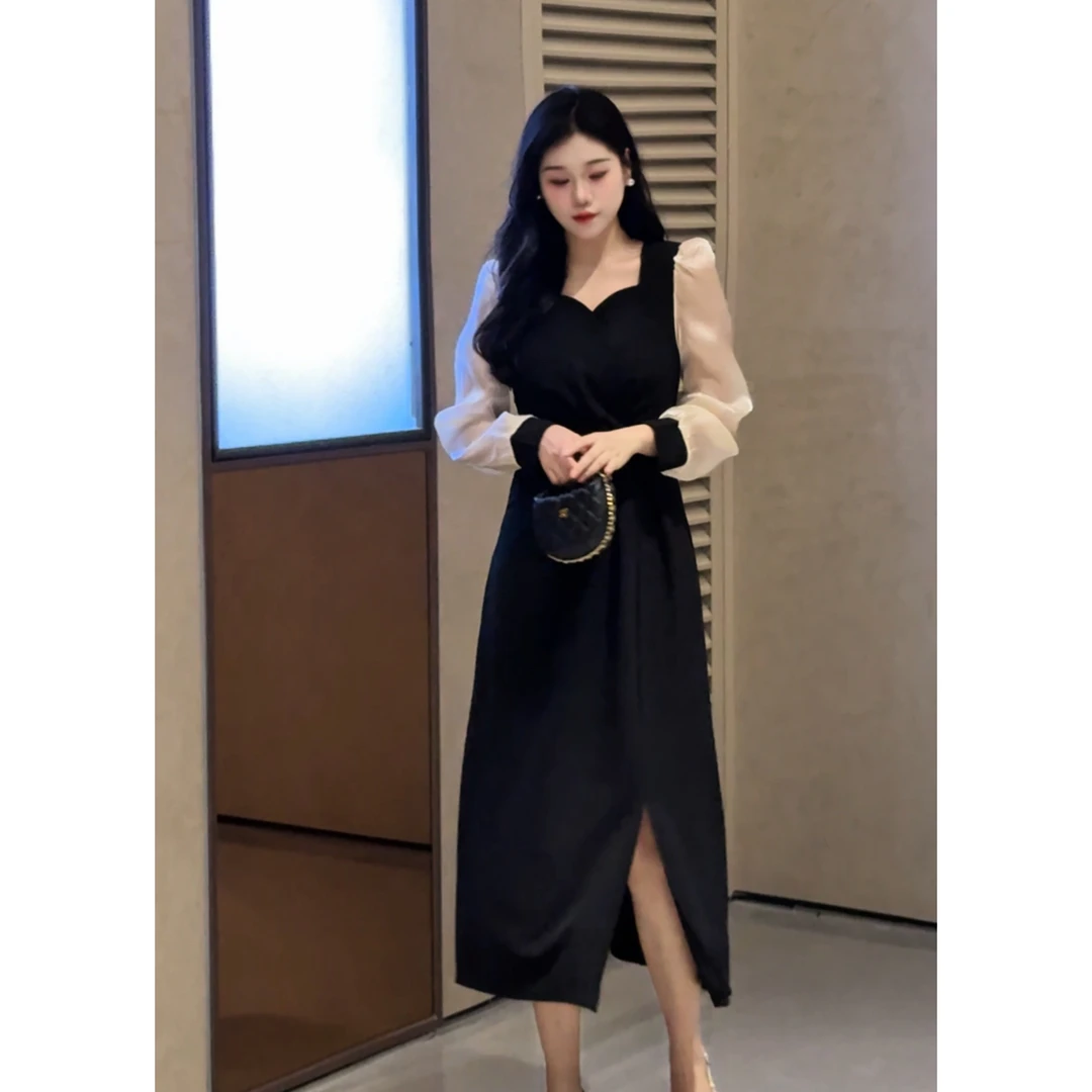 【塞纳月色】法式气质假两件拼接高端开叉设计收腰通勤连衣裙