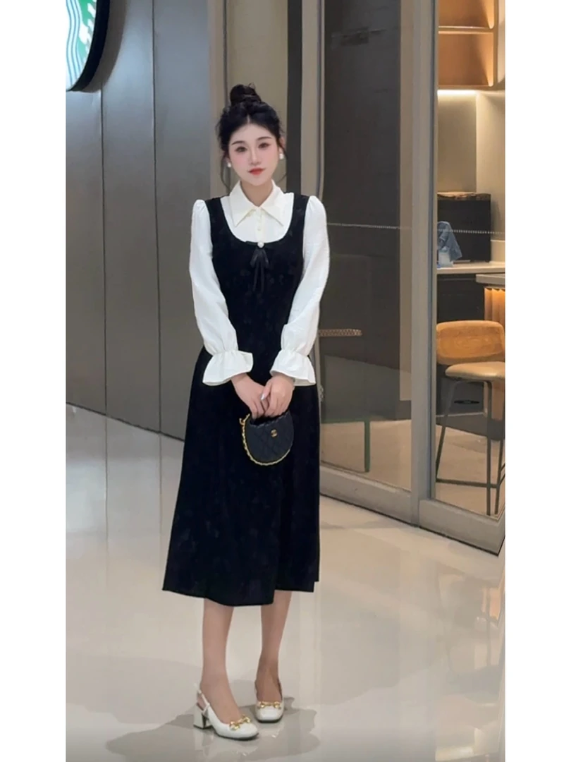【温柔白月光】法式气质翻领蝴蝶结设计复古收腰显瘦长袖连衣裙A08