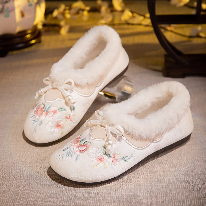 依冉棉2024冬新款老北京布鞋加绒保暖软底毛口棉鞋古风平底汉服鞋