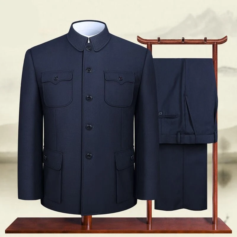 中山装男套装春秋季中老年爷爷中山服军绿老人衣服国风爸爸装外套