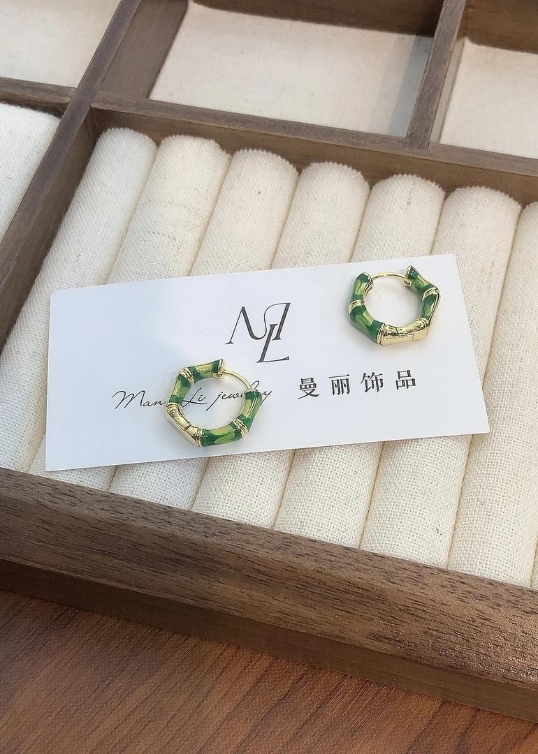 铜合金耳饰 清新百搭新潮 绿色国风竹节耳环