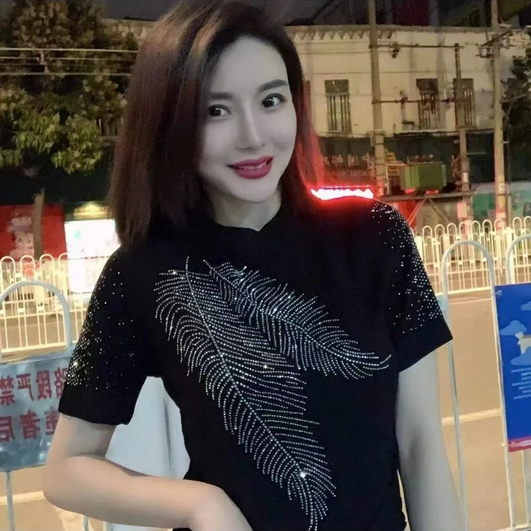 欧洲站短袖t恤女夏季新款圆领重工烫钻欧货小衫洋气亮钻上衣女潮
