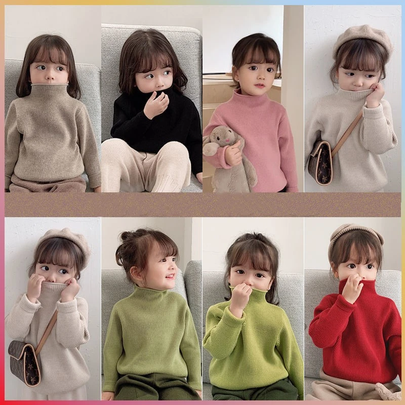 女童毛衣秋冬季半高领纯色套头上衣儿童针织衫加绒加厚宝宝打底衫