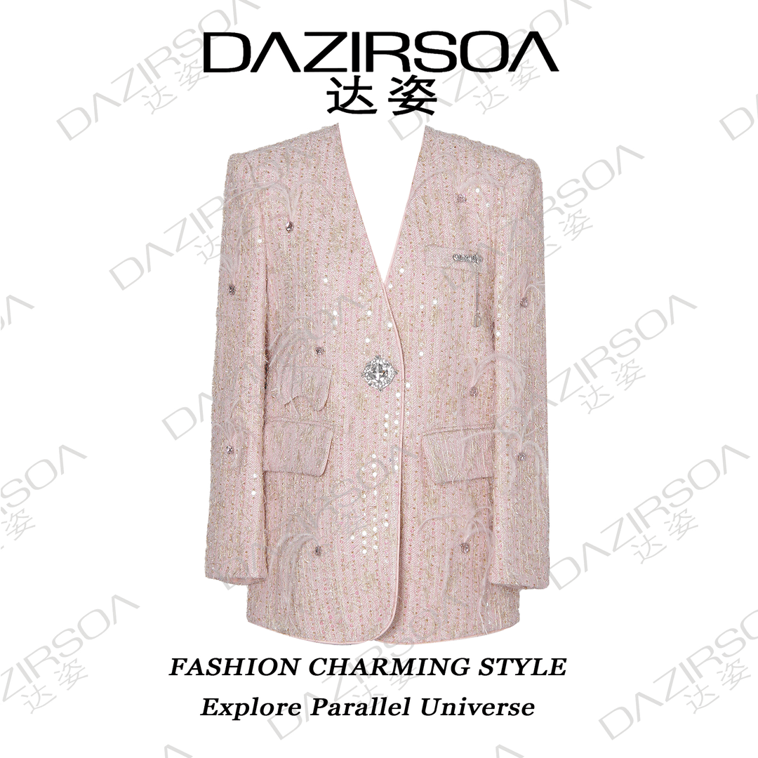 DAZIRSOA/达姿"首尔邂逅" 手工镶钻亮面无领西装外套 P132
