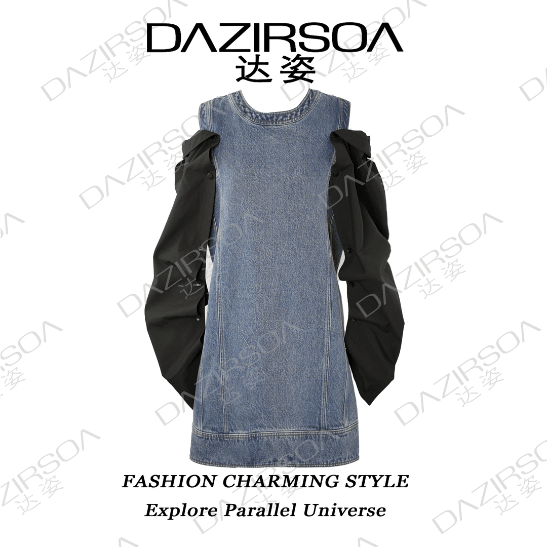 DAZIRSOA/达姿24A/W“两副面孔”牛仔拼接夹克袖显瘦连衣裙 S885