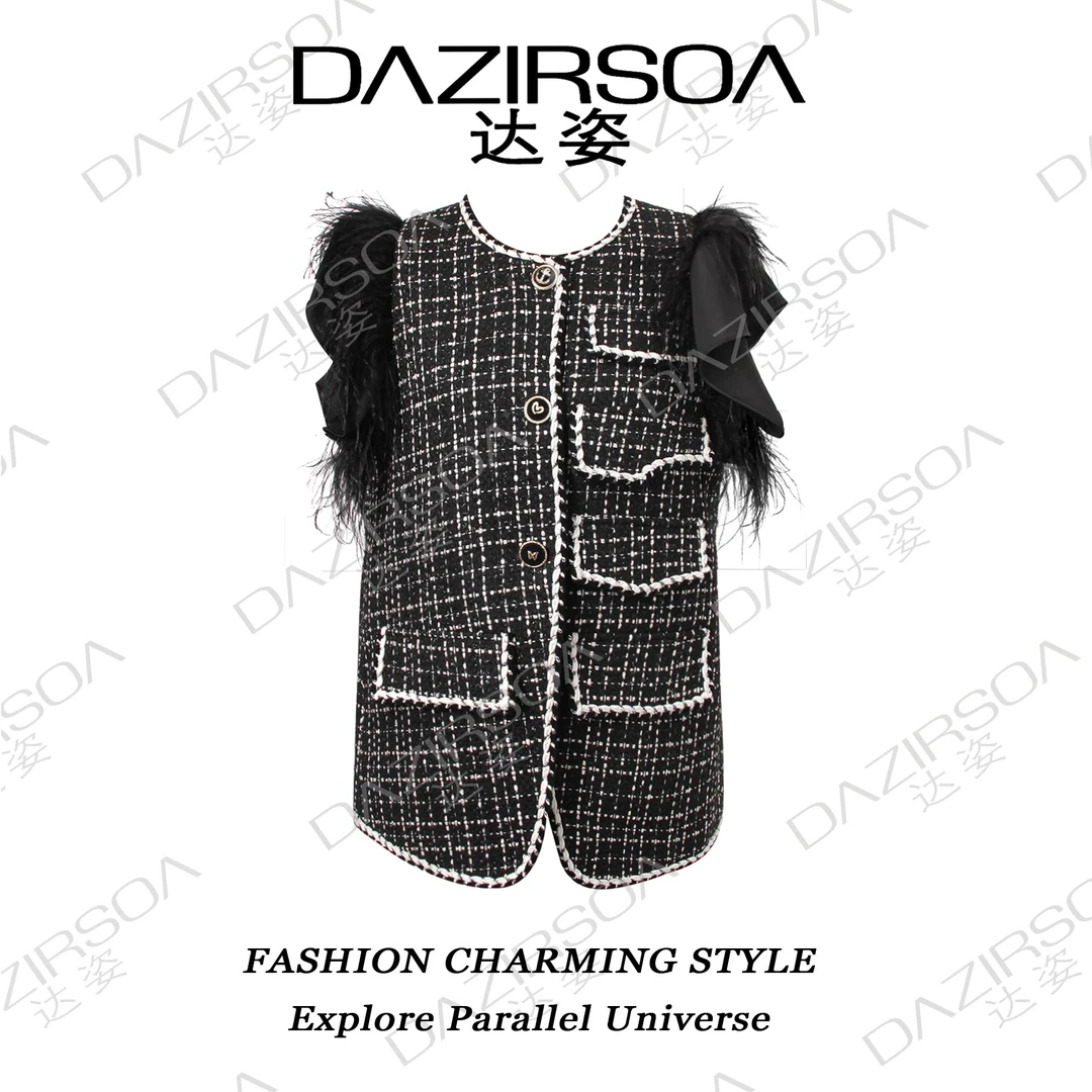 DAZIRSOA/达姿原创设计轻奢法式格纹绵羊毛小香风拼接马甲 M178