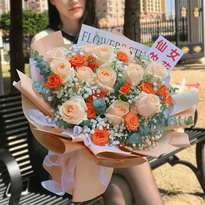 【3.8花束】香槟玫瑰鲜花生日纪念日女神节送女友老婆花束同城花店