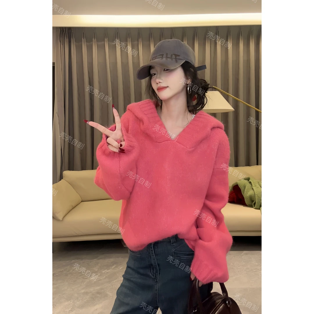 《壳壳专属》韩系粉色毛衣女秋冬2024新款慵懒风宽松加厚针织上衣