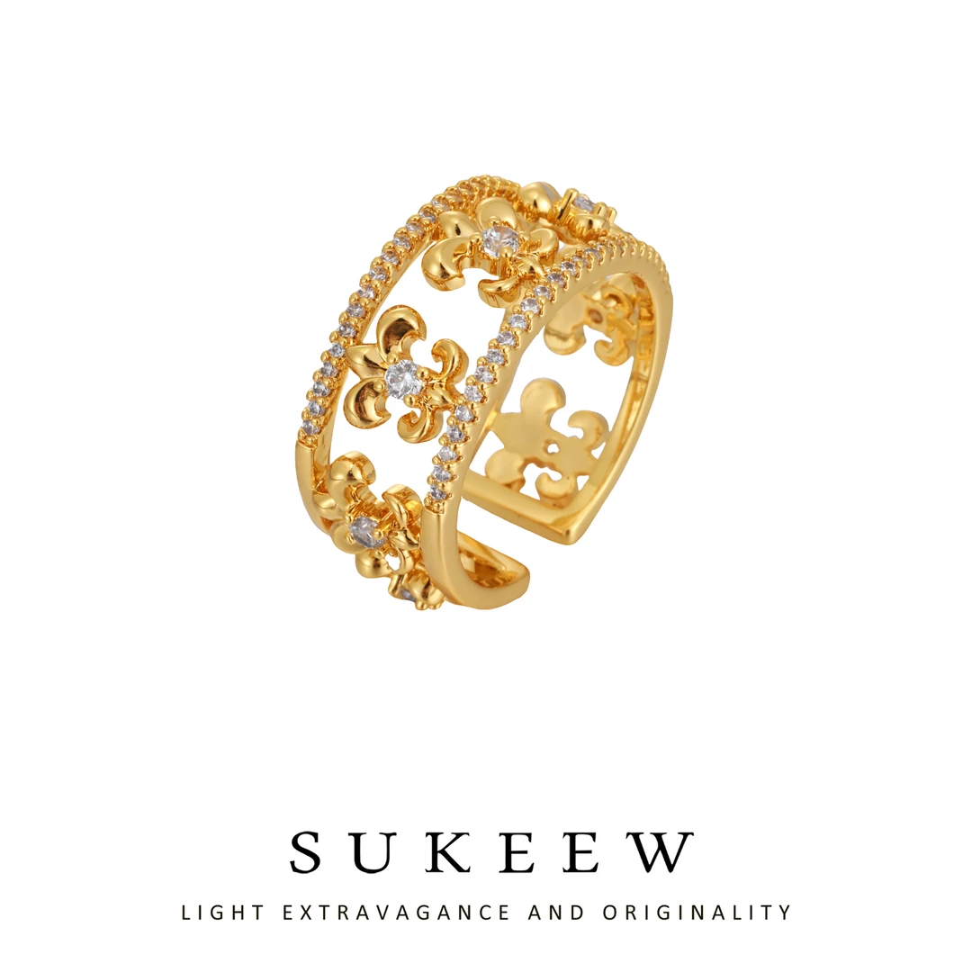 SUKEEW/酥可 铜合金合成锆石戒指 气质镂空花朵设计感戒指560315