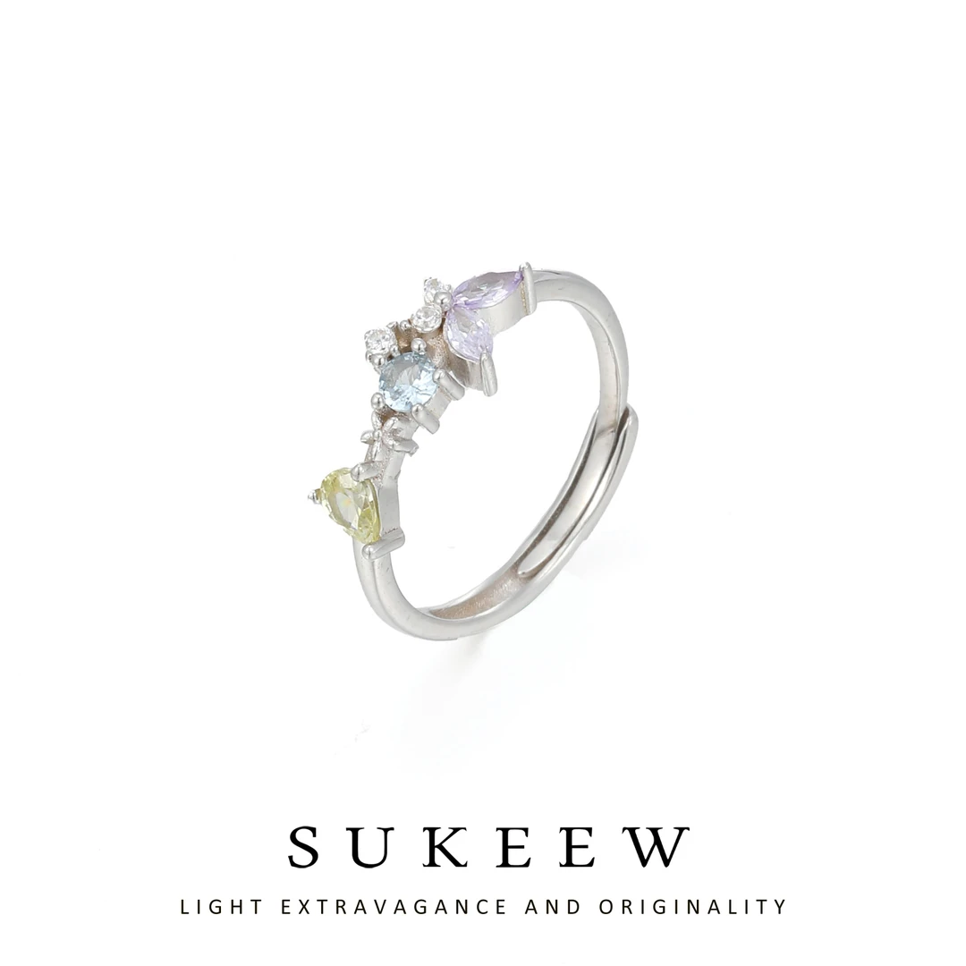 925银合成锆石戒指 彩石蝴蝶精致镶嵌个性戒指040503