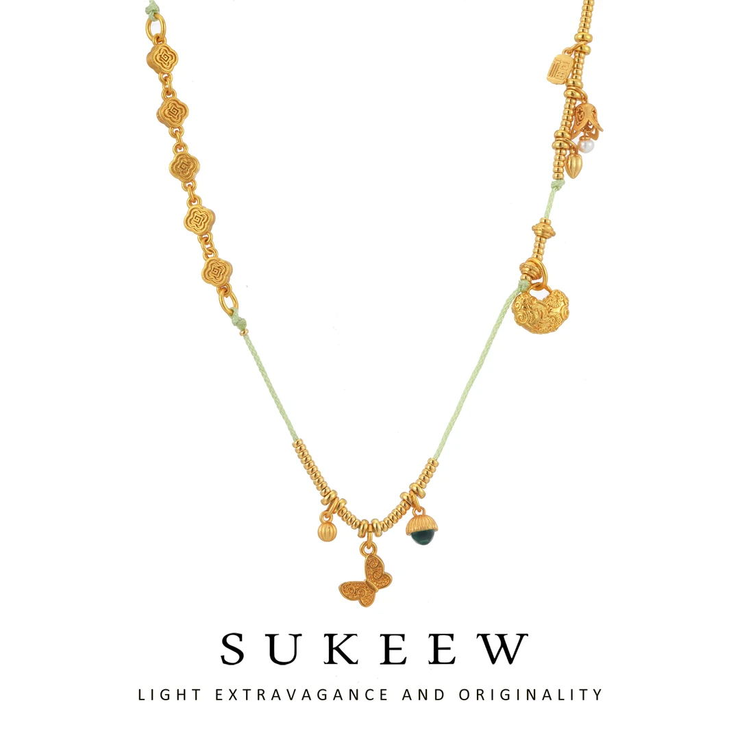 SUKEEW/酥可 铜合金布艺项链 优雅祥云精致平安锁中式项链227001
