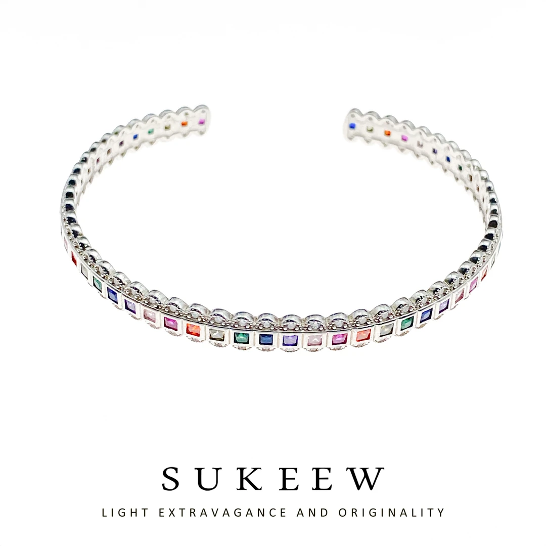 SUKEEW 925银合成锆石手镯 （925银）方块彩石环绕蕾丝手镯042511