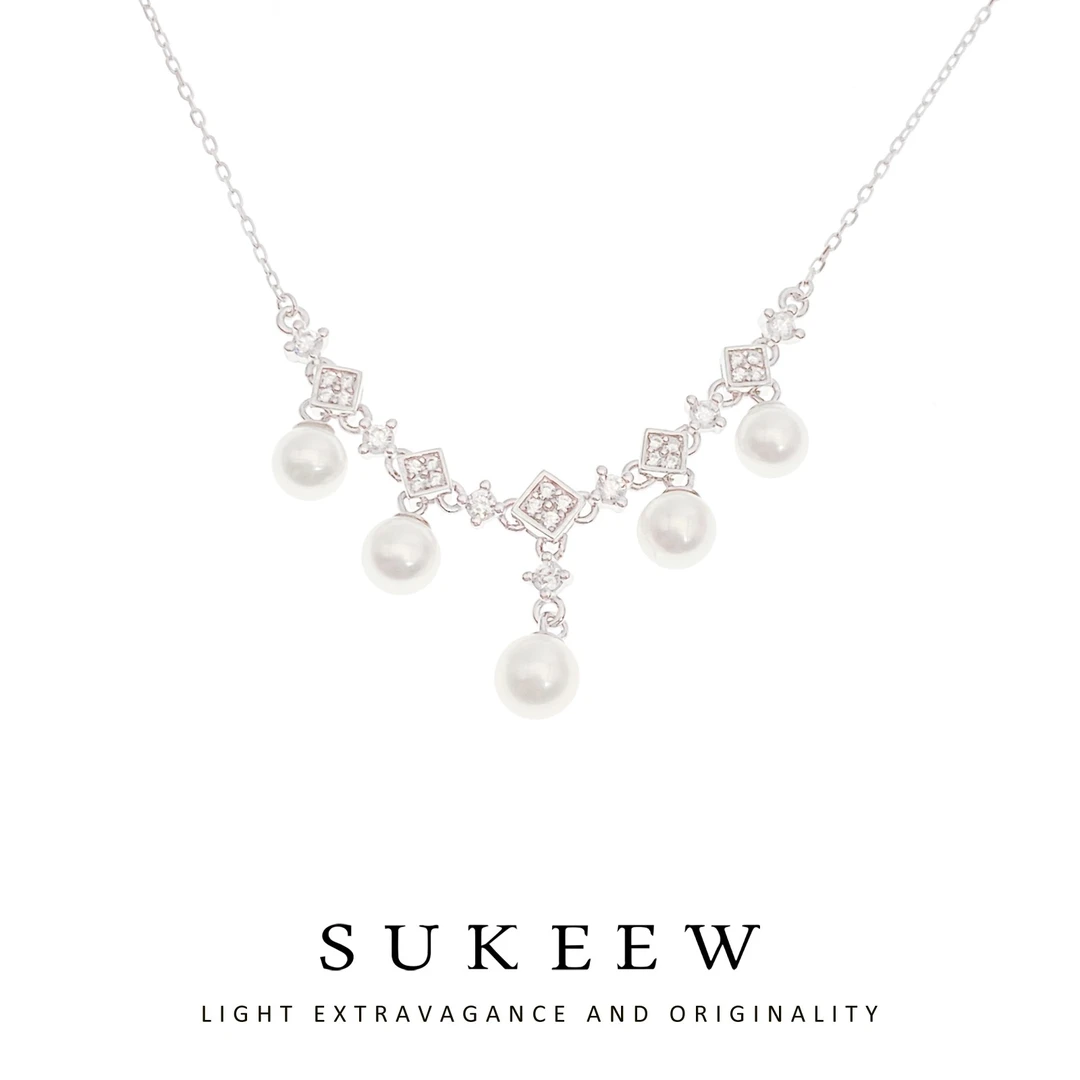 SUKEEW/酥可 链子925银合成锆石 气质几何珠珠流苏百搭项链030804
