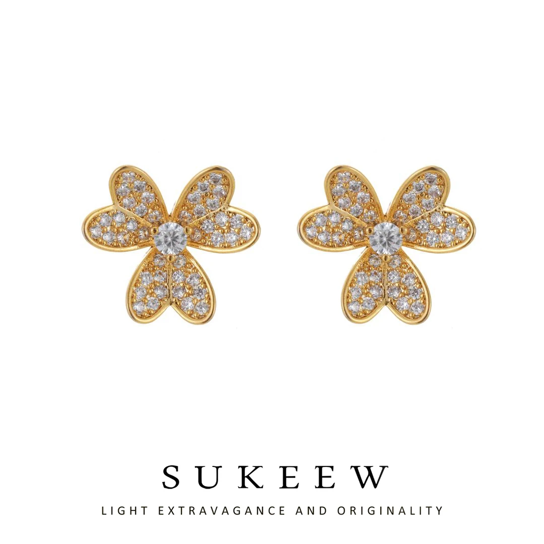SUKEEW/酥可 铜合金合成锆石耳饰 时尚立体精致幸运草耳环456238