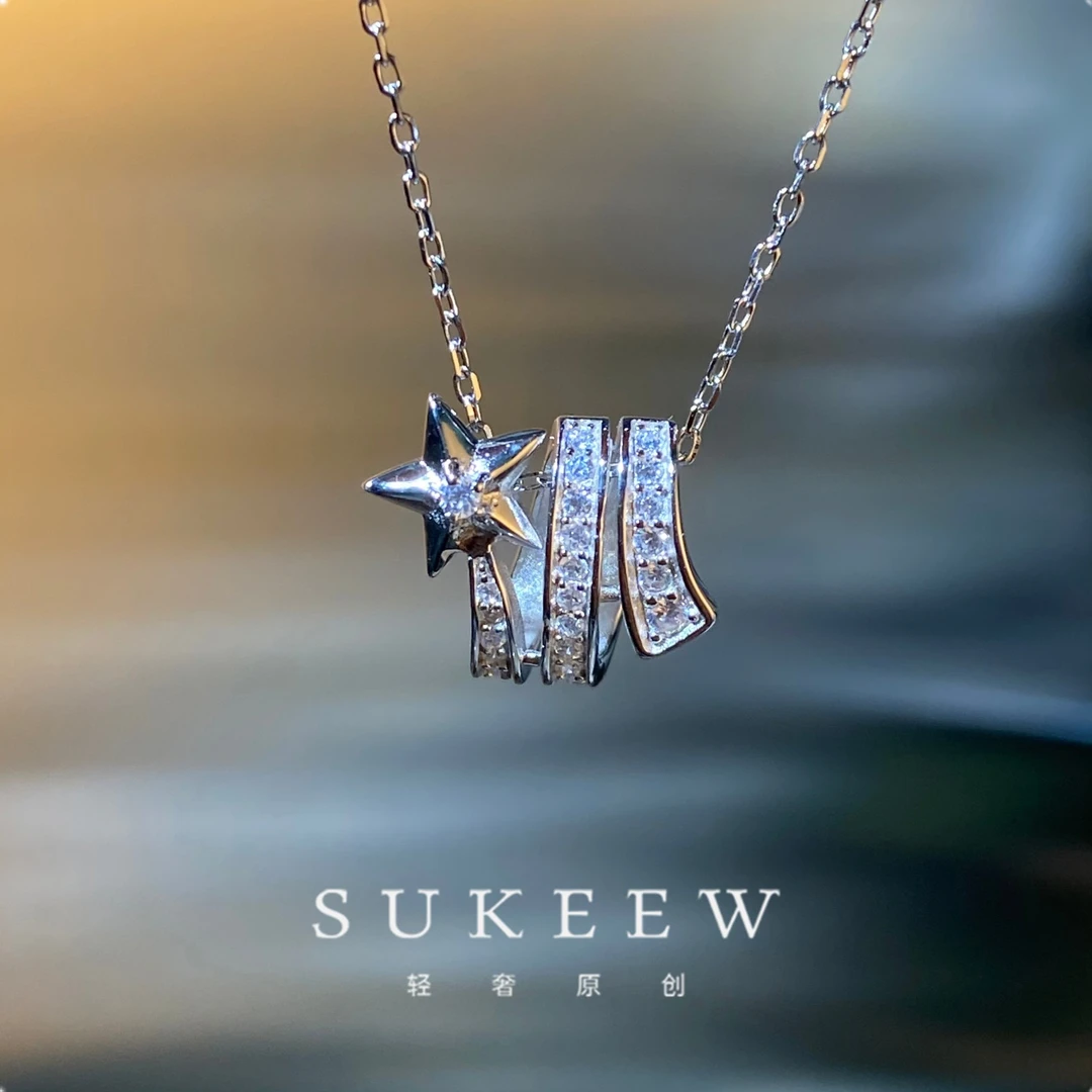坠链均925银合成锆石 925银小香风流星镶嵌项链102018长40+5cm
