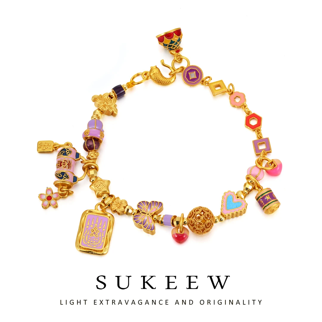 SUKEEW/酥可 铜合金 新中式时尚多彩图案花朵爱心手链328003