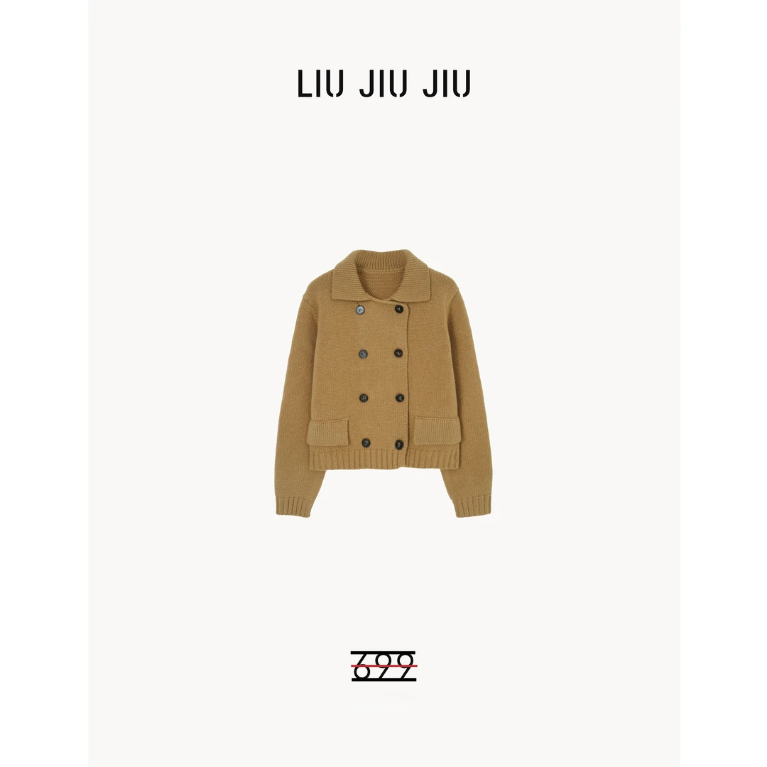 LIUJIUJIU 小香风翻领千金慵懒风精致双排扣短款针织开衫SY2969L