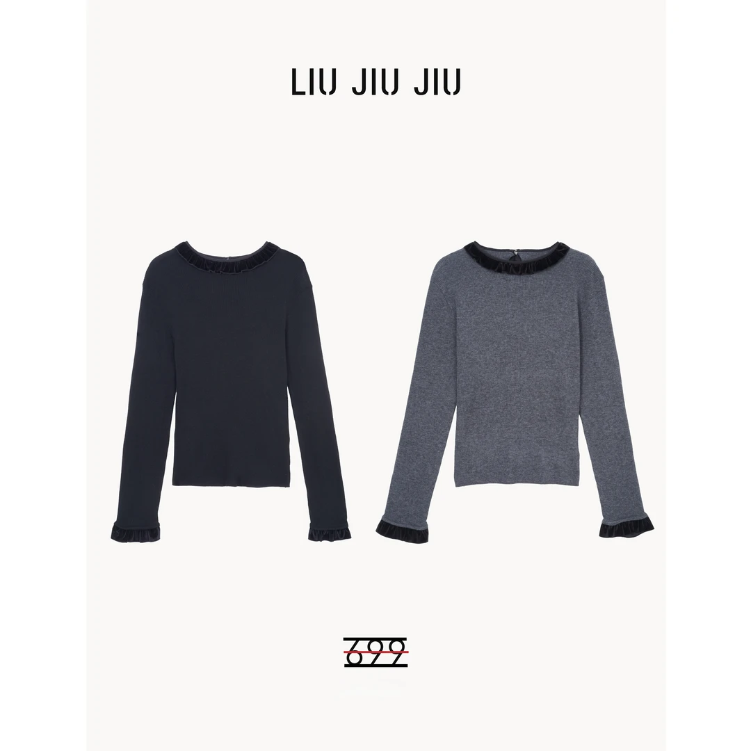 LIUJIUJIU 法式高级感轻奢娃娃领拼接打底毛针织衫MY2743L