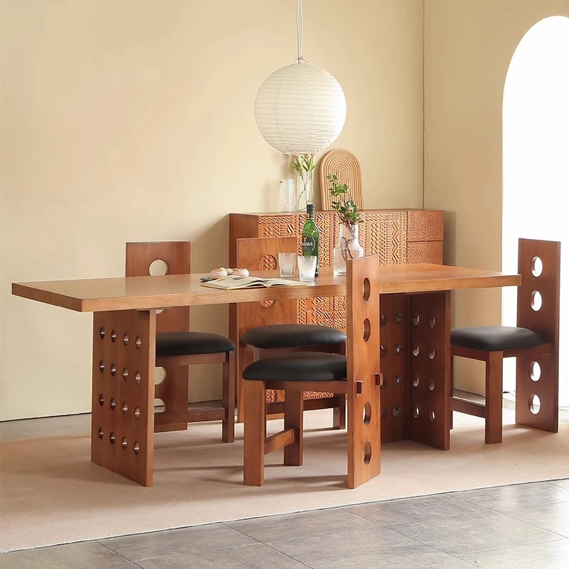 实木长方形餐桌创意复古日式餐厅长桌洞洞桌简约原木风书桌办公桌