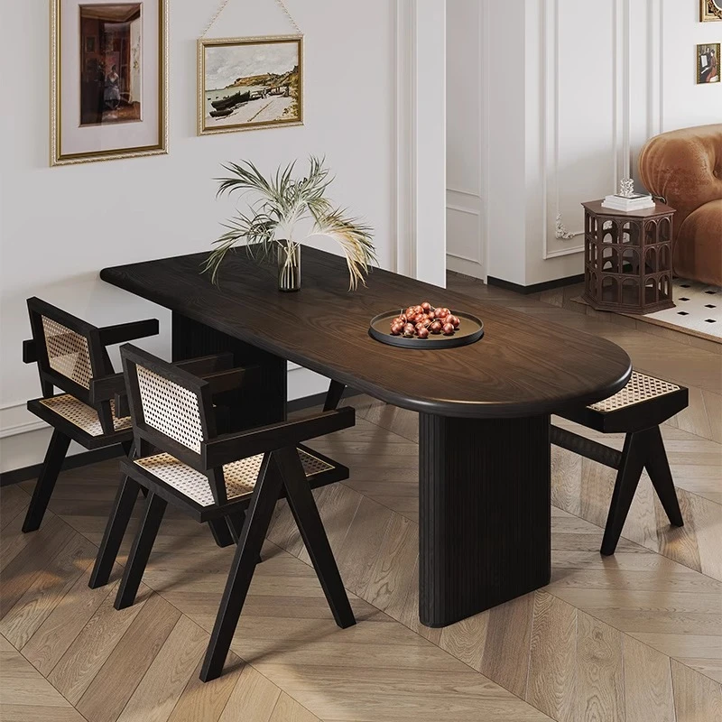 黑色复古吃饭桌实木半椭圆餐桌岛台一体靠墙小户型半圆形桌椅法式