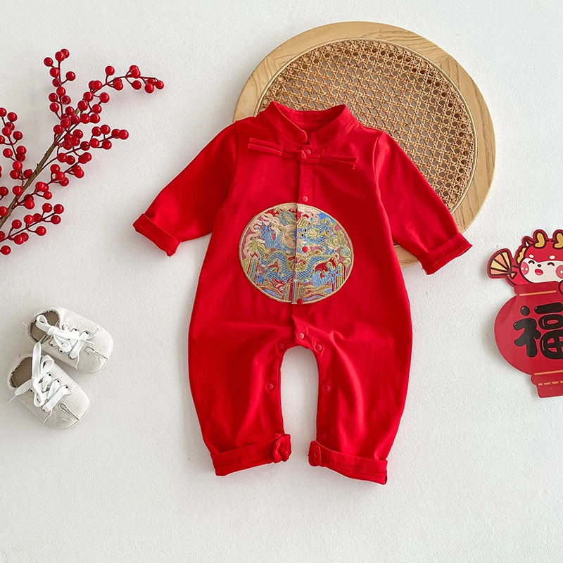 婴儿连体衣春秋装洋气宝宝衣服新生满月百天周岁国风喜庆外出服