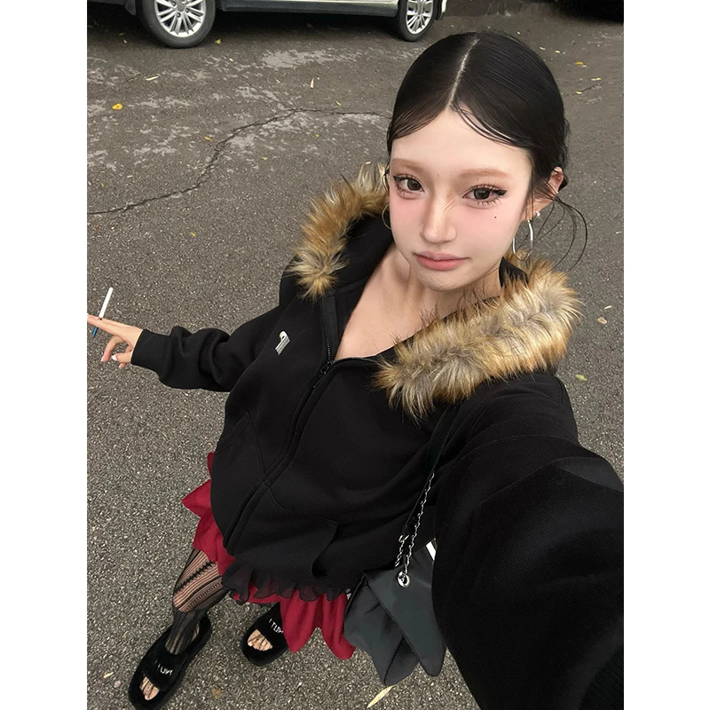 潮牌美式复古高街毛领连帽卫衣女秋冬宽松慵懒风加绒加厚开衫外套