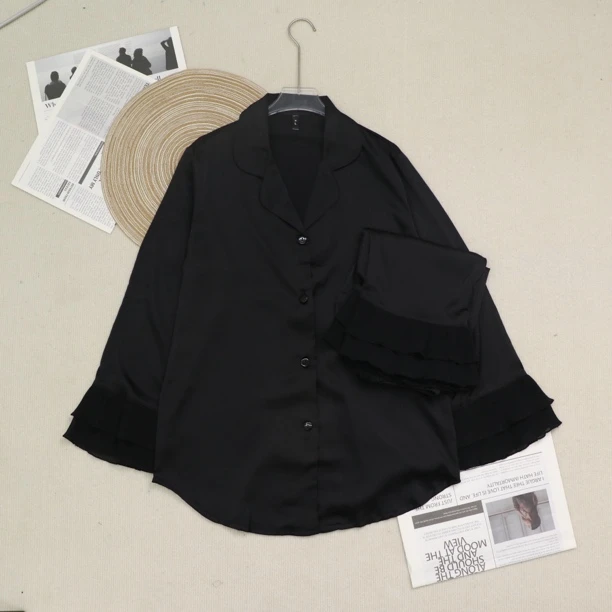 黑芭蕾长裤长袖不带胸垫睡衣女家居服