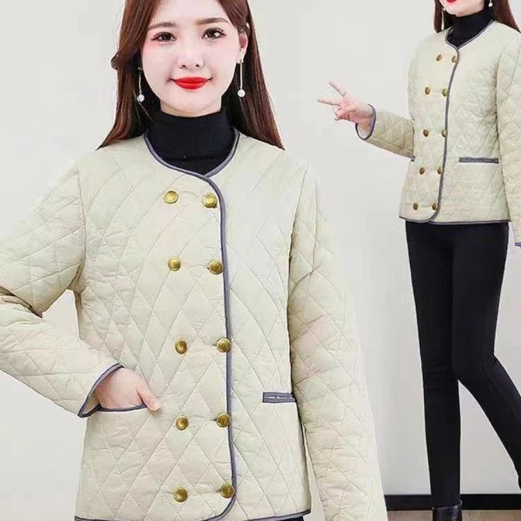 小香风轻薄羽绒棉服女短款2023新款冬季小个子菱格双排扣棉衣外套
