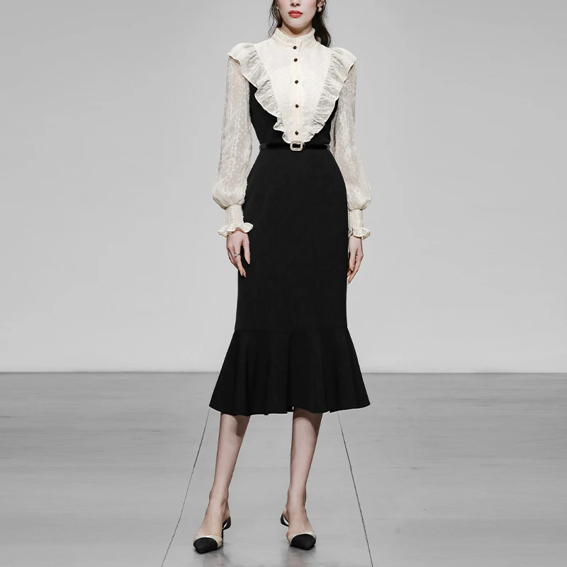 2024秋季新款OL木耳边立领荷叶拼接修身中长鱼尾连衣裙QC30446